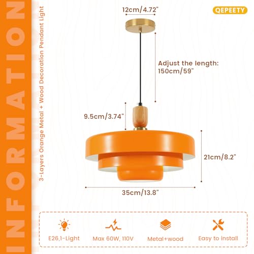 Image of 2-Pack Orange Pendant Lights, Mid Century Modern Metal & Wood Hanging Lamps, Adjustable 59 inch Cord, E26 Base for Kitchen Island Dining Room Entryway