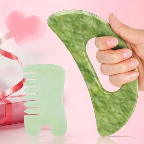 Image of Jade Stone Gua Sha Massage Tool Set Larger Guasha Board with Handle, Muscle Scraping Massage Tools, Guasha Scraping Scalp Comb, Acupuncture Tools for Relaxation Lymphatic Drainage Valentine's Day Gift
