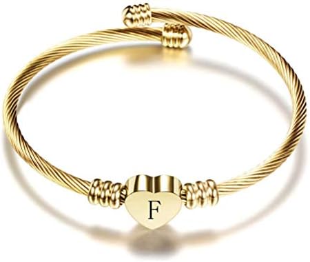 FGT English Letters Initial Cuff Bracelets Gold Love Heart Name Alphabet Bangle Gift for Women Girls Daughter Sister Mum Wife Family Granddaughter Girlfriend Mothers Day Valentine Birthday