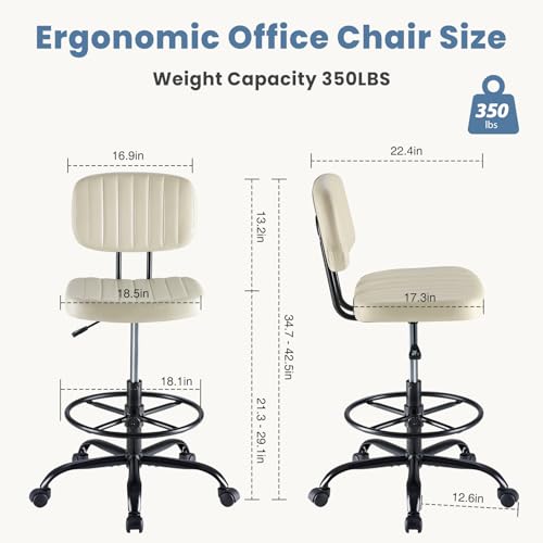 Image of DUMOS Armless Drafting Chair, Low Back Office Seat with Adjustable Footrest Ring for Standing Desk, Ergonomic PU Leather Office Seating, Swivel Rolling High Stool for Studio, Lab, Counter, Beige