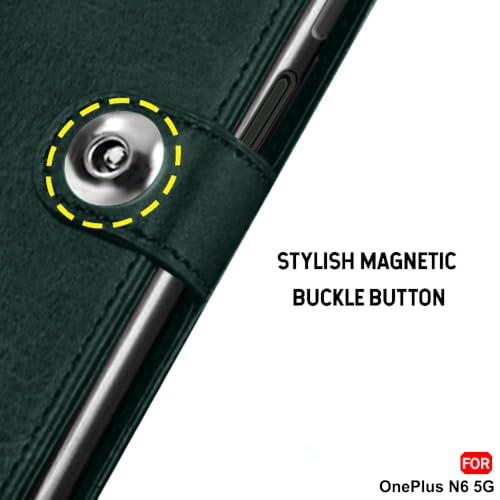 Image of TheGiftKart Genuine Leather Finish Flip Back Cover Case for OnePlus N6 5G | Inbuilt Pockets & Stand | Wallet Style | Designer Button | Flip Back Cover Case for OnePlus N6 5G (Faux Leather, Green)