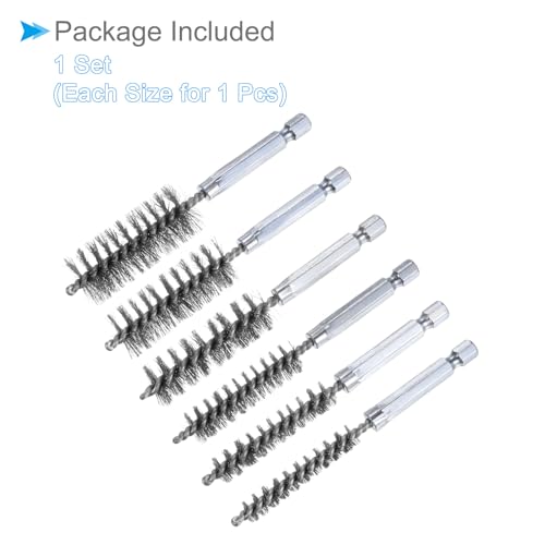 Image of Bore Brush Set, 8mm 10mm 12mm 15mm 17mm 19mm Dia, 304 Stainless Steel Twisted Cleaning Wire Brushes with 1 /4 Inch Hex Shank - (Applications: for Power Drill), 6-Pieces