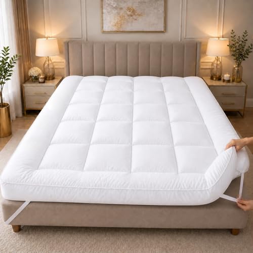 Extra Thick Mattress Topper 10cm/4-Inch Small Double Size | Breathable & Hotel Quality Box Stitch Microfibre Quilted Mattress Topper & Hollowfibre Fill | Fit Straps & 1100GSM (Small Double 120x190cm)