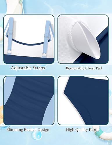 Image of Girls Tankini Swimsuit Solid Color Blocking Two Piece Bathing Suit Ruched Slimming Teen Girls' Swimwear for 9-18Years