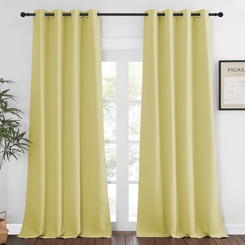 NICETOWN Blackout Curtains 120 inch Length for Sliding Glass Door, Grommet Thermal Insulated Room Darkening Sound Reducing Drapes for Room Divider, 1 Panel, W52 x L120, Paler Yellow