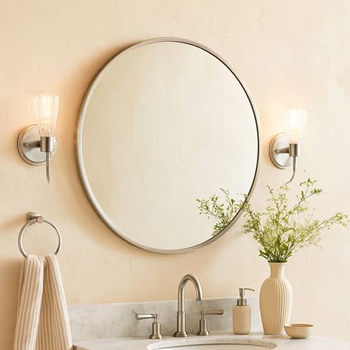 Image of TEHOME Round Brushed Nickel 30 inch, Silver Metal Circle Wall Mirror for Bathroom, Modern Silver Vanity Mirror for Entryway