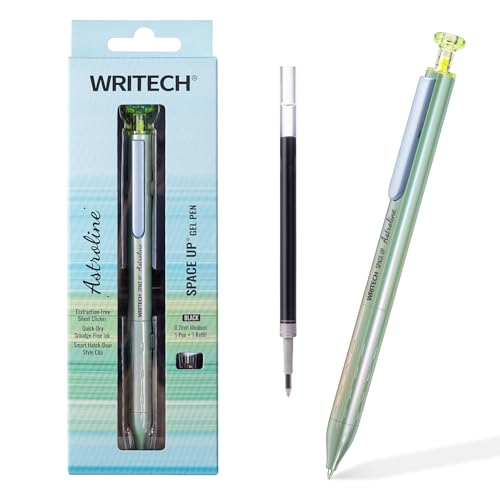 Image of WRITECH Astroline Gel Pen 0.7mm: Metal Barrel Fine Point Pen Black Ink 1ct with 1 Refill Retractable, No Smear Silent Clicker Smooth Writing (Green)