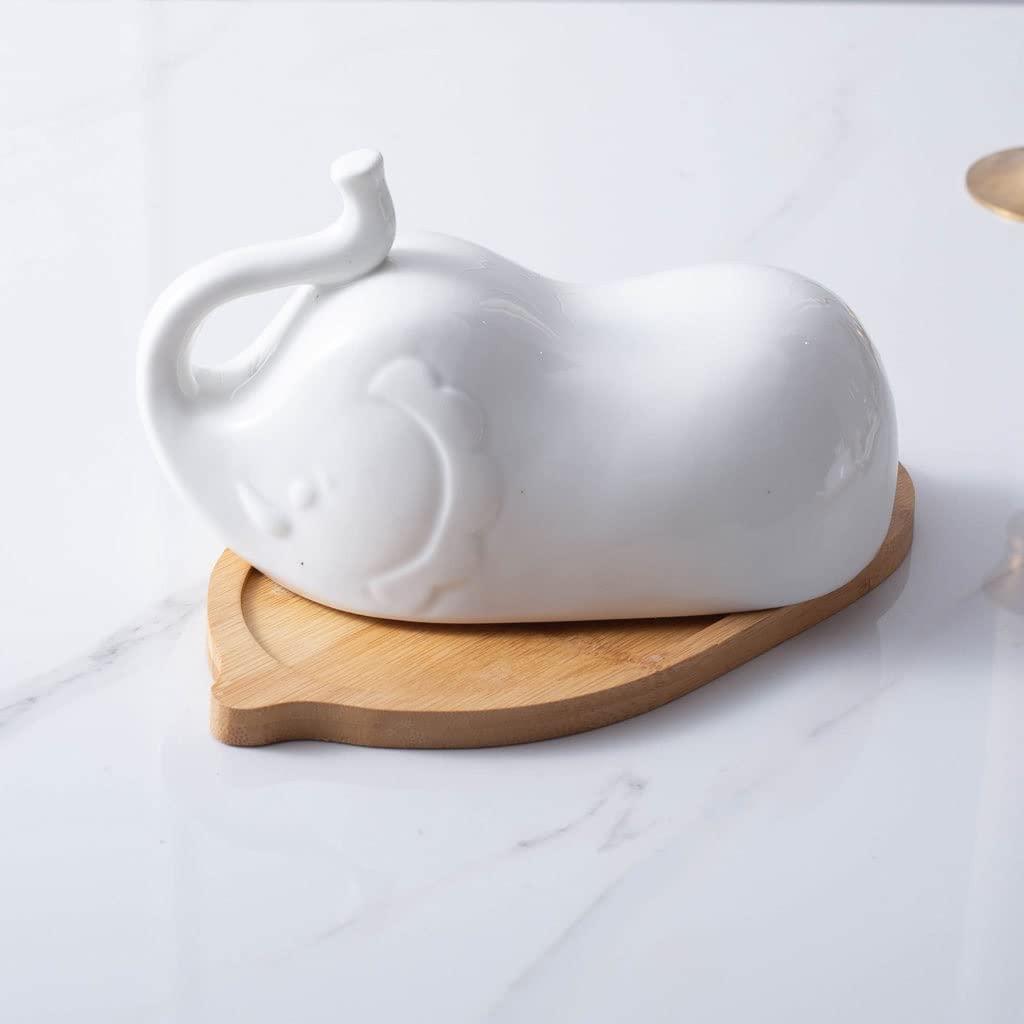 Beurrier avec couvercle - Beurrier créatif en céramique avec couvercle - Petit plateau en céramique - En forme d'éléphant - Beurrier blanc pur