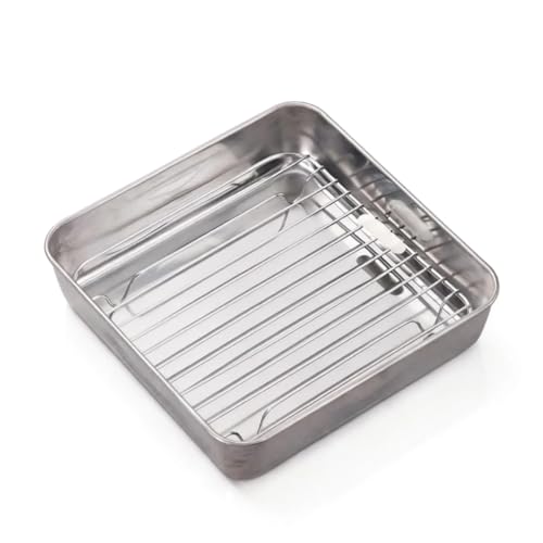 VNLCPX Bandeja Horno Acero Inoxidable, Sartén Cuadrada Inserto, Bandejas Horno con Rejilla, Bandeja Air Fryer, para Todo Tipo de Cocinas Incluido Inducción, 21 x 21 x5 cm, Plateada