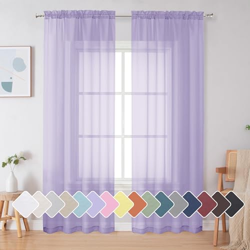 Image of Simplebrand Lavender Sheer Curtains 72 Inches Long 2 Panels for Living Room, Rod Pockets Airy Window Treatments Voile Sheer Black Curtains Panels Lightweight for Front Back Patio Glass Door, 42 inch Width