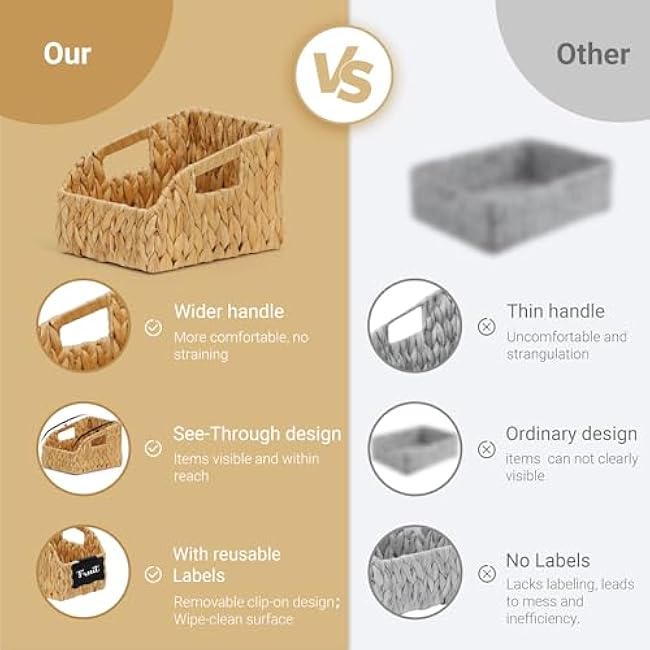 Wicker Baskets for Organizing,Pantry Baskets with Handles, Handwoven Wicker Storage Basket, Water Hyacinth Storage Bins for Shelves, Bohe Deco 3 Pack,Natural