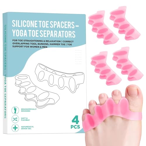 Image of 4 Pcs Silicone Toe Spacers - Yoga Toe Separators for Toe Straightening & Relaxation | Correct Overlapping Toes, Bunions, Hammer Toe | Toe Support toe separators for Women & Men (Pink, 3.98)