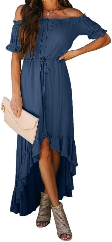 DokotooWomens 2023 Off The Shoulder Casual Short Sleeve Maxi Dress High Low Solid Cocktail Skater Dresses