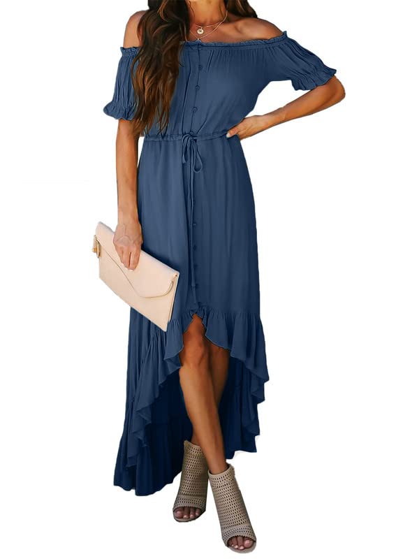 DokotooWomens 2023 Off The Shoulder Casual Short Sleeve Maxi Dress High Low Solid Cocktail Skater Dresses