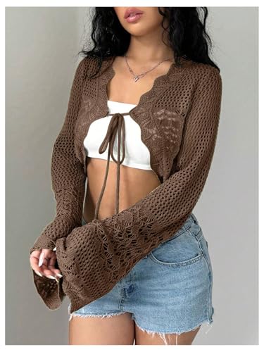 Image of OYOANGLE Women's Crochet Tie Front Sweater Cardigans Bell Sleeve Knitted Cropped Bolero Shrug Cardigan