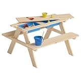 Bellabino Inny Kindersitzgruppe Outdoor für 4 Kinder – Kindertisch 2 Wannen – Matschtisch aus Kiefer, unbehandelt – Kinderbank für Garten – Kinder Gartenmöbel – Gartentisch ab 2 Jahren - Picknicktisch