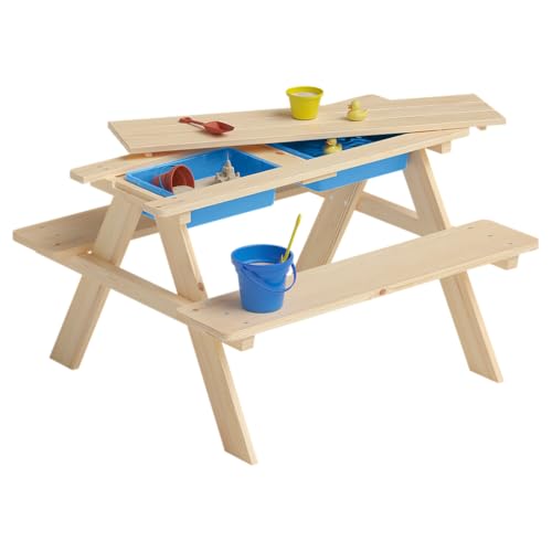 Bellabino Inny Kindersitzgruppe Outdoor für 4 Kinder – Kindertisch 2 Wannen – Matschtisch aus Kiefer, unbehandelt – Kinderbank für Garten – Kinder Gartenmöbel – Gartentisch ab 2 Jahren - Picknicktisch