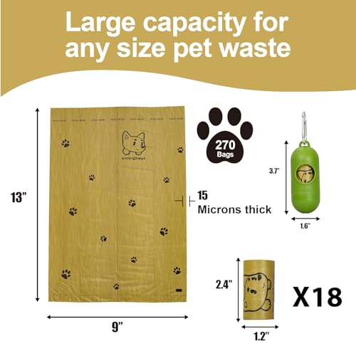 Image of Dog Poop Bags With Dispenser, Strong and Leak-proof Waste Bags for Pets, Floral Scented, 270 Count (18 Packs of 15), 13 Inch x 9 Inch (Khaki)