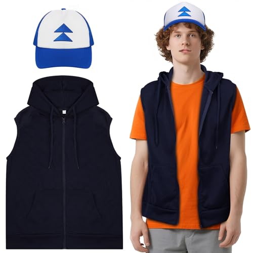 ShinyMatch 4 Pcs Halloween Cartoon Boy Costume Blue Fir Cap Triangle Embroidered Patch Hooded Vest for Adult Men Halloween Cosplay Accessories