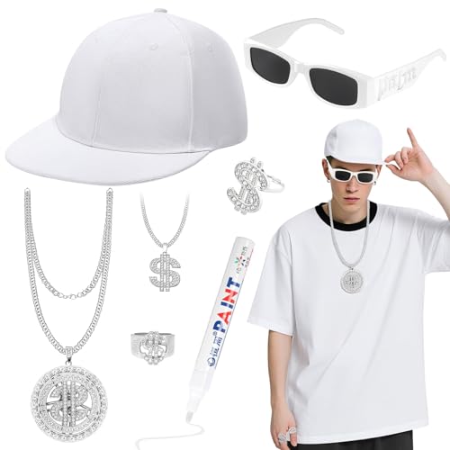 7pcs Hip Hop Costume Set, Rapper Costume Accessories, Fancy Dress Set with White Hip-hop Hat Sunglasses Silver Dollar Necklace Ring White Marker for Carnival Theme Parties Role Play