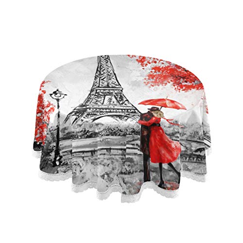 Zzkko Eiffel Towel Round Tablecloths 60" Paris Love Couple Circular Table Linen Cloth Cover Mat Lace Washable Polyester For Dinner Party Holiday Home Decor #TOP12