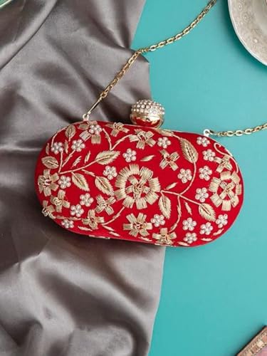 Image of THE TAN CLAN Hand Embroidered Luxury Clutch Purse for Women | Evening Hand Clutch Bag | Ladies Party Wedding Purse with Chain Strap | Ethnic Woman Handbag Gift for Birthday, Anniversary