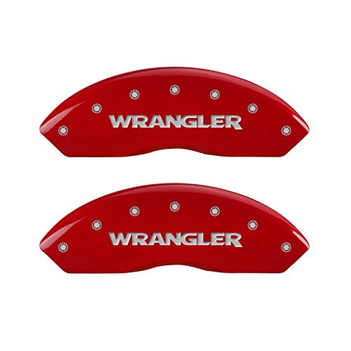 Image of MGP Brake Caliper Covers Compatible with 2007-2017 Jeep Wrangler (Requires 17 inch+ Wheels) Powder-Coated Finish, 4 PCS Front and Rear - Red, Wrangler Engraving