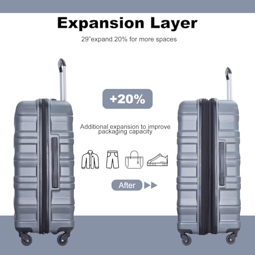 Gray Expandable 3 Piece Luggage Sets PC Lightweight Suitcase with Two Hooks, Spinner Wheels, TSA Lock, (21/25/29)4