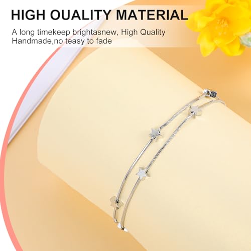 Image of Stars Bracelet for Women, Silver Jewelry Stars Double Chain Bracelet Beaded Star Charm Bracelet Ankle Bracelets Minimal Bracelet Dainty Chain Simple Jewelry Gifts for Women Teens