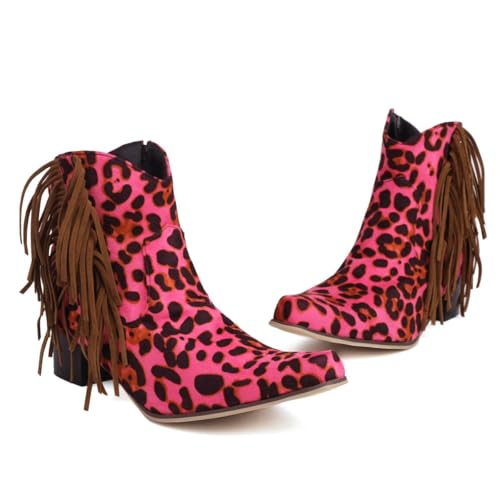 Womens Tassel Fringe Cowboy Boots Faux Suede Chunky High Heel Leopard Prints Ankle Boots Snip Toe Western Cowgirl Short Boot3
