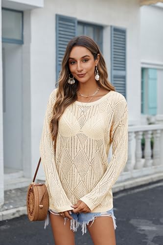 Image of Zeagoo Crochet Tops for Women Hollow Out Sexy Long Sleeve Mesh Knit Off The Shoulder Sweater Cruise Outfits Beige M