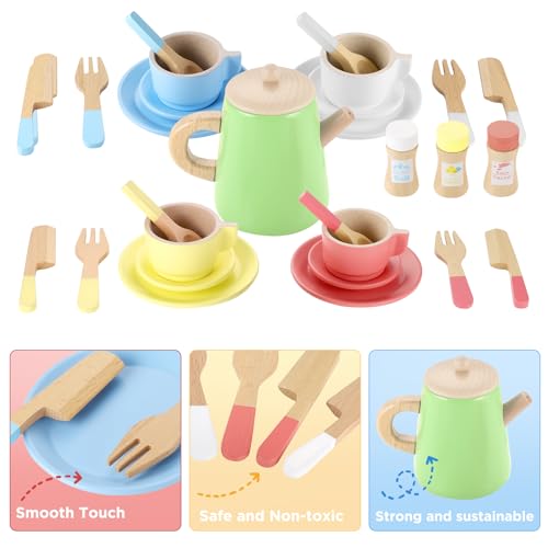 Image of GAGAKU Wood Tea Set and Wooden Play Dishes 2 in 1 Play Food Set Toy 28 PCS Montessori Play Kitchen Accessories Kitchen for Toddlers Cooking Playset for 3-8 Years Girls and Boys