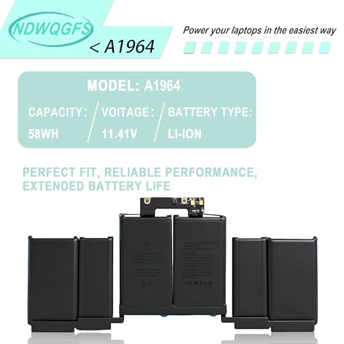 Image of A1964 A1989 Battery Replacement for MacBook Pro 13 inch (Mid 2018, 2019) A2251 (2020) 58.2Wh 11.41V Li-Polymer Compatible with EMC 3214 3358 3348 MR9Q2LL /A MWP42LL /A