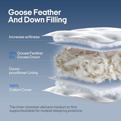 puredown® Goose Feathers and Down Pillows, Premium Medium to Firm Bed Pillows for Sleeping, Luxury Pillows with 100% Cotton Cover, 2 Pack, Standard Size, 20x26 Inches - Thumbnail 2
