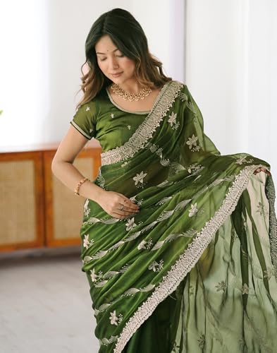 Image of SIRIL Women's Chiffon Scalloped Border Sequins Embroidery Saree with Unstitched Blouse Piece