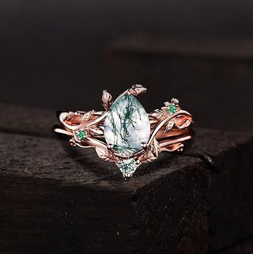 RareCreations Natural Moss Agate Gemstone Genuine 925 Sterling Silver Ring for Women Pear Cut Women's Ring Set for Engagement Silver 925 Jewelry