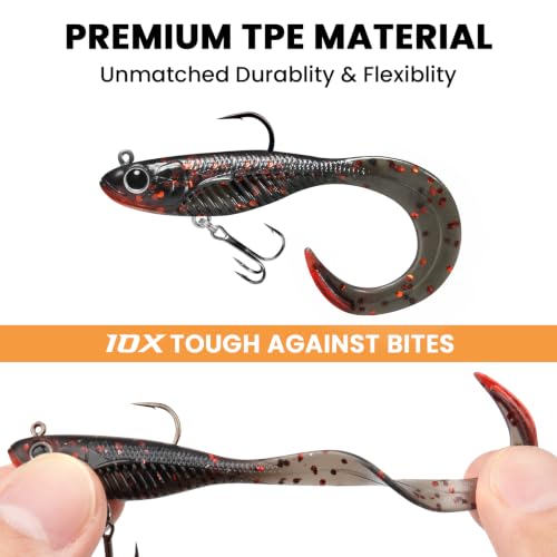 Image of TRUSCEND Duramax TPE Soft Fishing Lures with BKK Hooks, Easy Catch Curly & T-Tail for Trembly Sinking & Vibrating Swim, UV or Glow Effect for All Conditions, Pre-rigged Swimbait for Bass Trout Crappie