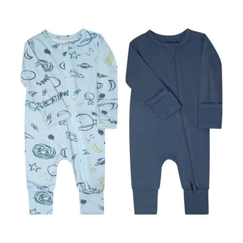 Image of Teach Leanbh Baby Boys Girls 2 Pack Bamboo Viscose Pajamas with Mitten Cuffs 2 Way Zipper Long Sleeve Romper Sleep and Play