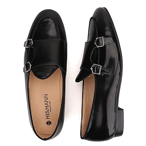 HI&HANN Black Hand-Polished Calfskin Patchwork Velvet Double-Monk Belgian Loafers for Party and Prom Men's Smoking Slippers2