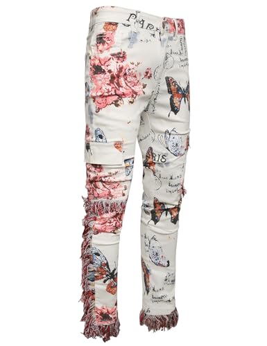 Men Butterfly Flower Print Tassels Slim Straight Jeans4