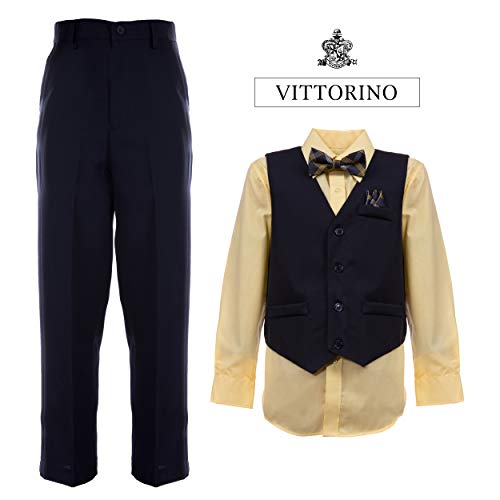 Image of Vittorino Boys 4 Piece Suit Set with Vest, Dress Shirt, Bow Tie, Pants & Pocket Square | Big & Little Kids Formal Apparel