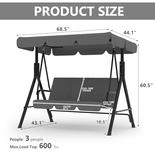 Image of Garvee Outdoor Porch Swing with Adjustable Canopy, 3-Seat Patio Swing Chair with Stand, Heavy Duty Outdoor Swing for Adults, Metal Frame Patio Swing for Garden, Backyard & Poolside,Grey