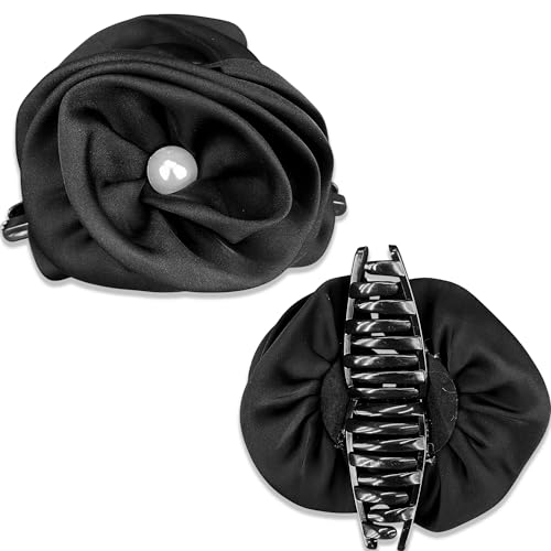 Image of TEMPERIA (1pc) Flower Hair Claw Clips for Women | Aesthetic & Stylish Clutchers Hair Accessories for Women for Party & Wedding | Big Flower, Strong Grip & Durable | Black