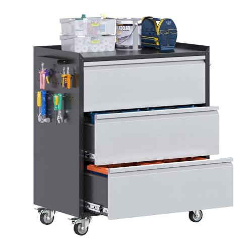 Aobabo Metal Rolling Tool Storage Cabinet with Drawers Side Pegboards Left Handle Lockable Casters Garage Workshop Utility Cart 18.11 D x 30.3 W x 35.4 H Inches Assembly Required