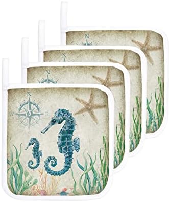 Pot Holder Set of 4 Ocean Seahorse Seaweed Potholder Heat Proof Non-Slip Pot Holders,Retro Nautical Compass Hot Pads Potholders for Kitchen Cooking Baking BBQ