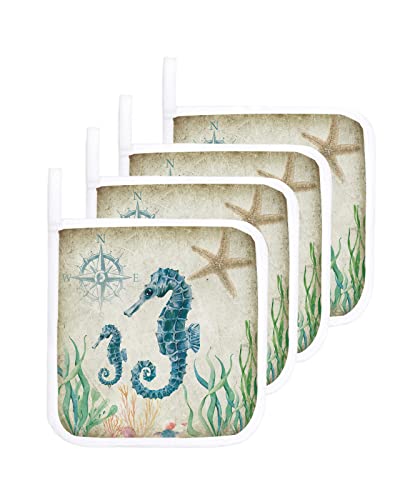 Pot Holder Set Of 4 Ocean Seahorse Seaweed Potholder Heat Proof Non-Slip Pot Holders,Retro Nautical Compass Hot Pads Potholders For Kitchen Cooking Baking Bbq #TOP6