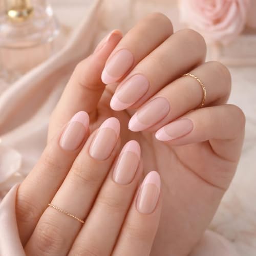 Image of Kriplonn Press On Nails Kit for Women 24 Pcs | Classic Beige Pink French Tip Artificial Nails | Almond Shape Glossy Reusable Fake Nails Extensions | Trendy Office Wear Press On Nails | False Nails | Includes Nail Glue, Glue Tabs, Nail Filer, Cuticle Stick & Nail Organizer