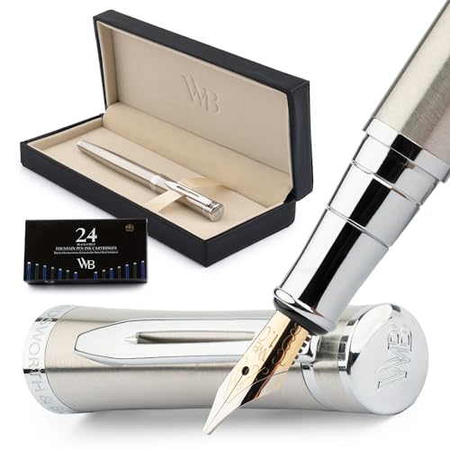 Image of Wordsworth & Black Luxury Fountain Pen Set for Writing, Broad Nib, Silver | Gift for Men & Women, Brass Body, German Iridium, Calligraphy, Converter + 24 Ink Cartridges, Refillable, Leak-Free