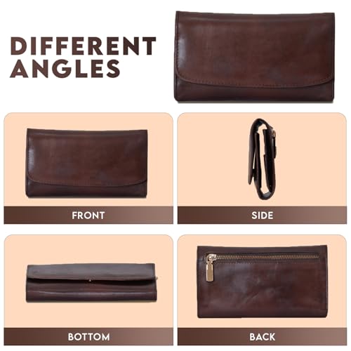 Genuine Leather Wallets for Women 2024 RFID Blocking Ladies Large Trifold Slim Clutch Brown Wallet for Women - 13 Card Slots, 4 Cash Slots - Fits iPhone 144