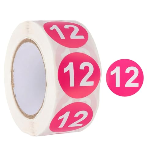 PATIKIL Number 12 Circle Stickers,1 Inch Round Color Coded Self-Adhesive Number Label 500 Labels/Roll for Home Organization Office Management, Rose Red with White Text